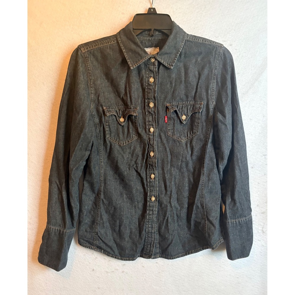 Levis Red Tab Womens Medium Dark‎ Wash Denim Western Button Up Shirt Cotton